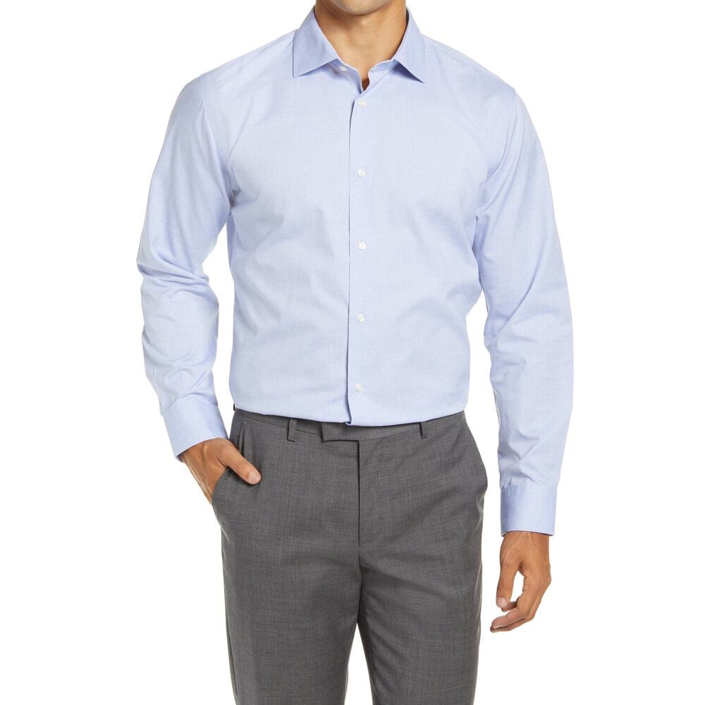 NORDSTROM Neck 15.5 Trim Fit Non-Iron Dress Shirt blue White Subtle dot Med Wash